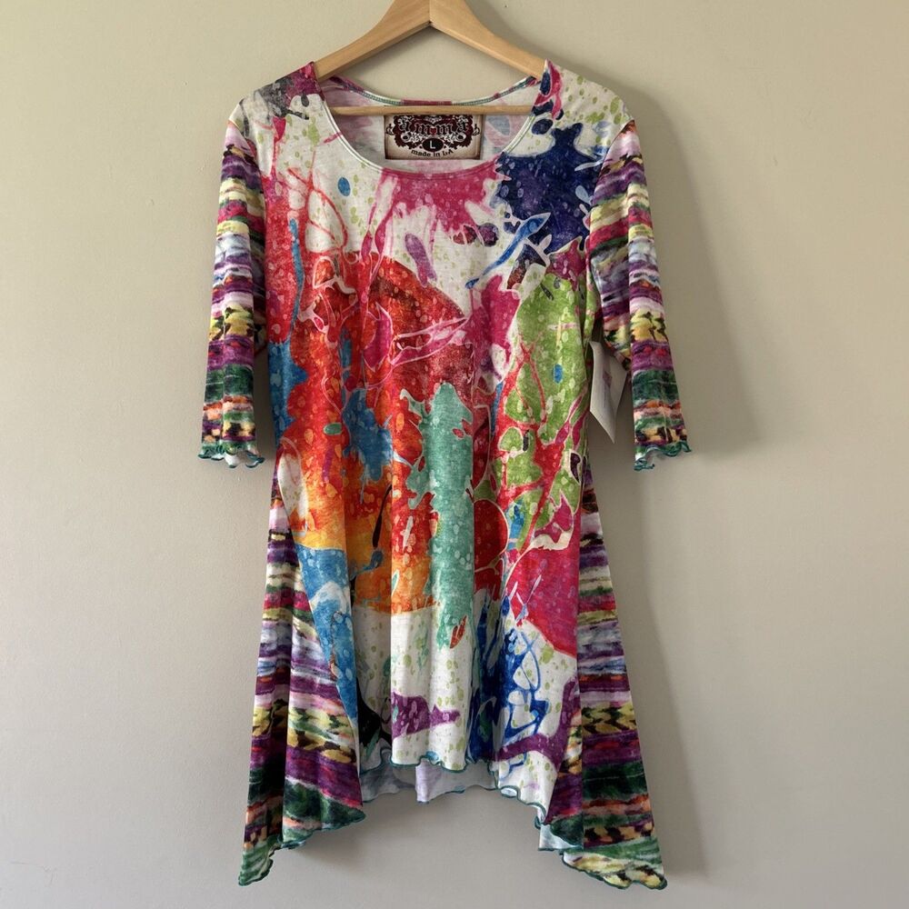 Amma Made In LA Summer Splatter Print  Large Dress Jersey Knit Scoop Neck Artsy